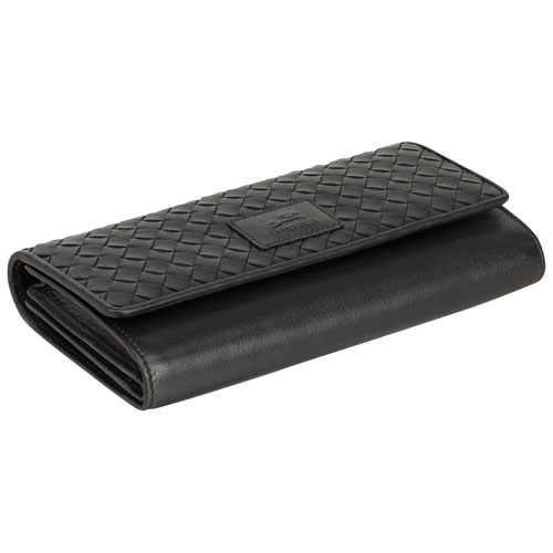 Pochette-portefeuille RFID à trois volets en cuir véritable Motif tressé de Mancini - Noir