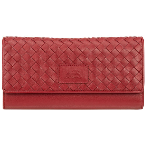 Pochette-portefeuille RFID à trois volets en cuir véritable Motif tressé de Mancini - Rouge