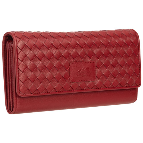 Pochette-portefeuille RFID à trois volets en cuir véritable Motif tressé de Mancini - Rouge