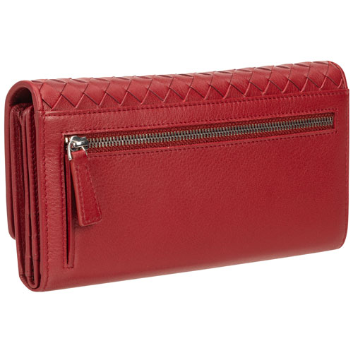 Pochette-portefeuille RFID à trois volets en cuir véritable Motif tressé de Mancini - Rouge