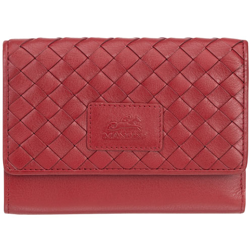 Mancini Basket Weave RFID Genuine Leather Tri-fold Clutch 8-Slot Wallet - Red