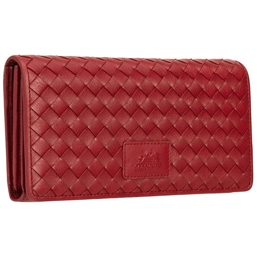Mancini Basket Weave RFID Genuine Leather Tri-fold Clutch Wallet - Red