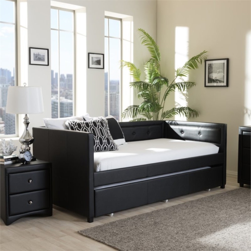 BOWERY HILL  Contemporary 3 In 1 Faux Leather Twin Daybed In Black