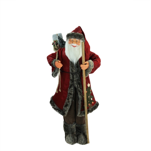 NORTHLIGHT  48" And Brown Santa Claus With Walking Stick Standing Christmas Figure In Red