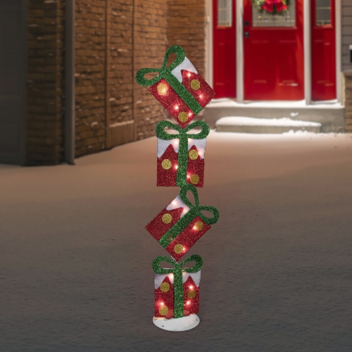 Lighted Tinsel Stacked Gift Boxes Outdoor Christmas Decoration - 44" - Clear Lights