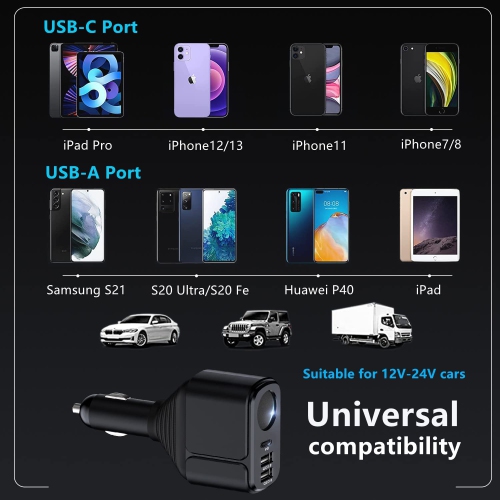 [4IN1] Cigarette Lighter Adapter Socket Splitter with 3 USB Ports [PD3.0& DualQC3.0] Car Charger USB Fast Charger 56W 12V/24V Multi USB C iPhone Car