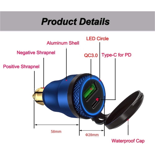 Chargeur Power Delivery DIN HELLA Powerlet en aluminium 30 W vers type C et adaptateur DIN USB 3.0 Quick charge pour moto étanche pour prise DIN de