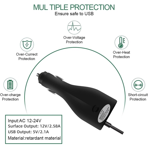 Surface Car Charger with USB Charging Port, Total 42W 12V 2.58A Power Supply, Compatible for Microsoft Surface Pro7 + Plus Pro6 Pro5~3 Surface Go 1/2