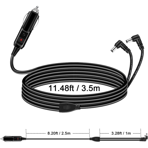 Dual Power Supply Cord Car Charger,12V/24V(DC5.5x2.1mm) 3.5m/11.48ft,for Two Car Rear-seat Monitors,Car Vacuum Cleaners, Walkie-talkies, Tire Air