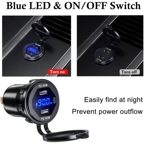 Dual USB C Car Charger Socket 12V/24V USB Outlet, 45W PD Type C Car Dual USB Port Fast Charger with LED Voltmeter & Button Switch DIY Car Socket for