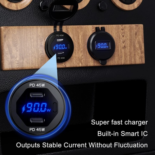 Dual USB C Car Charger Socket 12V/24V USB Outlet, 45W PD Type C Car Dual USB Port Fast Charger with LED Voltmeter & Button Switch DIY Car Socket for