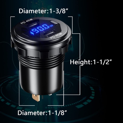 Dual USB C Car Charger Socket 12V/24V USB Outlet, 45W PD Type C Car Dual USB Port Fast Charger with LED Voltmeter & Button Switch DIY Car Socket for