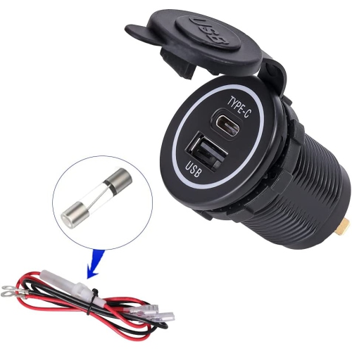 YM1218 USB C & USB A Dual Port Car Charger Socket Power Outlet Adapter Type  C USB Car Charger Socket Waterproof with Cap 12V/24V for Car, Boat, Golf  Cart, Bus, RV, Automotiv