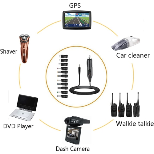 Universal 12V Car Charger(Max 10A) + 5V DC Power Cable,with 11 Connectors for DVD Player,Dash Camera,GPS,Bluetooth Speakers,Shaver Fans