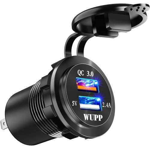 Upgraded Aluminum Alloy Fast Charging 3.0 USB Charger Socket IP66 Waterproof Dual USB Power Outlet with QC 3.0 USB Port & 5V 2.4A Port Led Light for