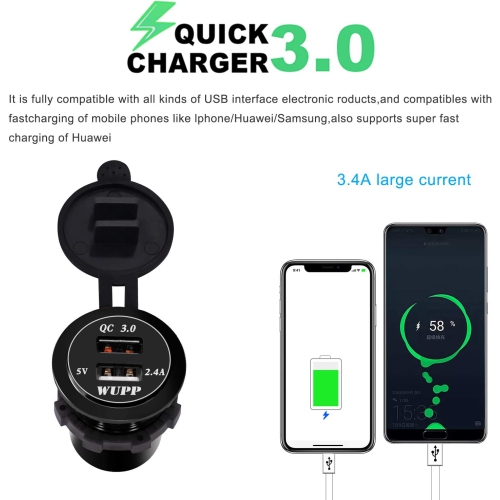 Upgraded Aluminum Alloy Fast Charging 3.0 USB Charger Socket IP66 Waterproof Dual USB Power Outlet with QC 3.0 USB Port & 5V 2.4A Port Led Light for