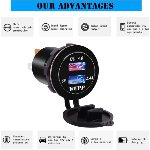 Upgraded Aluminum Alloy Fast Charging 3.0 USB Charger Socket IP66 Waterproof Dual USB Power Outlet with QC 3.0 USB Port & 5V 2.4A Port Led Light for