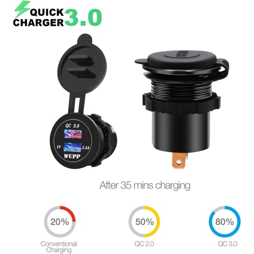 Upgraded Aluminum Alloy Fast Charging 3.0 USB Charger Socket IP66 Waterproof Dual USB Power Outlet with QC 3.0 USB Port & 5V 2.4A Port Led Light for