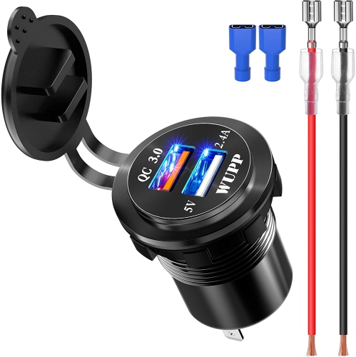 Upgraded Aluminum Alloy Fast Charging 3.0 USB Charger Socket IP66 Waterproof Dual USB Power Outlet with QC 3.0 USB Port & 5V 2.4A Port Led Light for