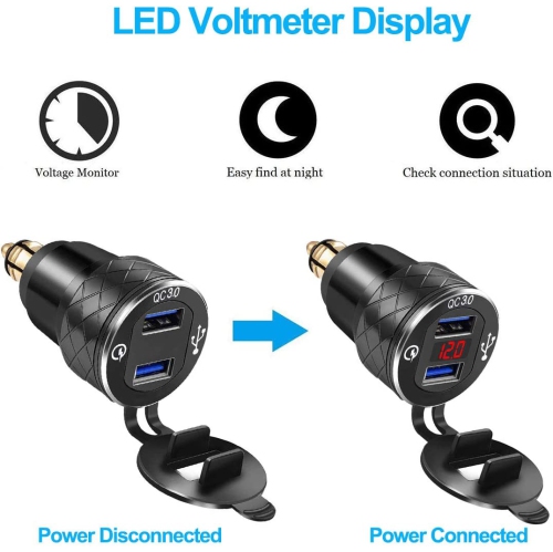 Aluminium Alloy DIN Hella USB Plug Adapter Motorcycle Dual USB Charger Quick Charge 3.0 Waterproof with Voltmeter Compatible with BMW Triumph Tiger