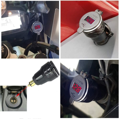 Aluminium Alloy DIN Hella USB Plug Adapter Motorcycle Dual USB Charger Quick Charge 3.0 Waterproof with Voltmeter Compatible with BMW Triumph Tiger