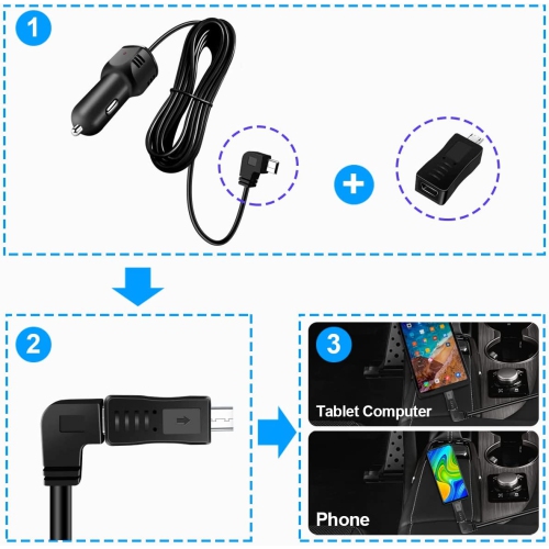Chargeur de caméra de tableau de bord pour l’auto, interfaces mini USB et micro USB, cordon d’alimentation pour enregistreurs de type L pour