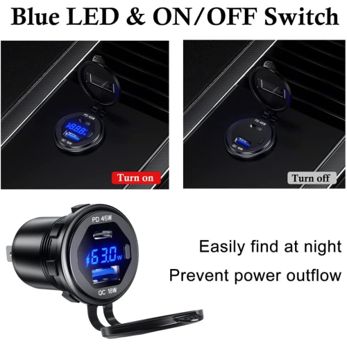 USB C Car Charger Socket 12V/24V USB Outlet, 45W PD Type C & 18W QC 3.0 Car Dual USB Port with LED Voltmeter & Button Switch DIY Car Socket for Car