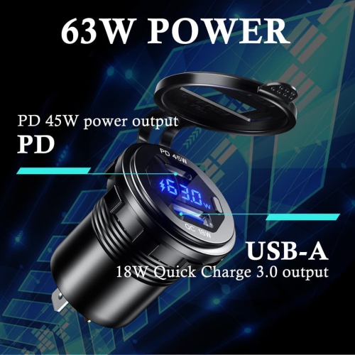 USB C Car Charger Socket 12V/24V USB Outlet, 45W PD Type C & 18W QC 3.0 Car Dual USB Port with LED Voltmeter & Button Switch DIY Car Socket for Car