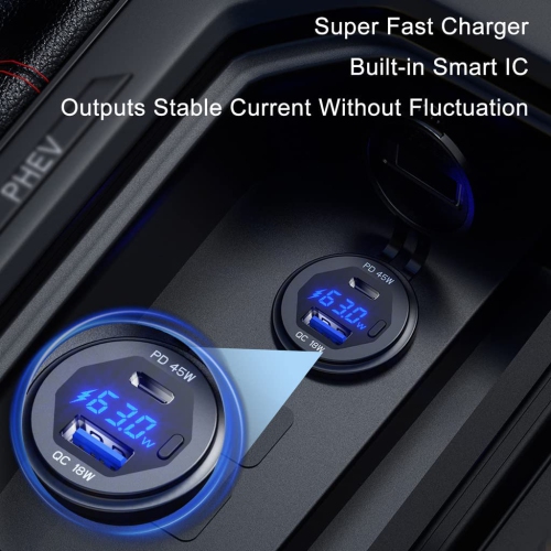USB C Car Charger Socket 12V/24V USB Outlet, 45W PD Type C & 18W QC 3.0 Car Dual USB Port with LED Voltmeter & Button Switch DIY Car Socket for Car