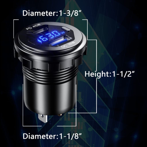 USB C Car Charger Socket 12V/24V USB Outlet, 45W PD Type C & 18W QC 3.0 Car Dual USB Port with LED Voltmeter & Button Switch DIY Car Socket for Car