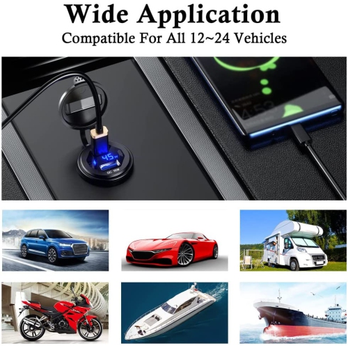 USB C Car Charger Socket 12V/24V USB Outlet, 45W PD Type C & 18W QC 3.0 Car Dual USB Port with LED Voltmeter & Button Switch DIY Car Socket for Car