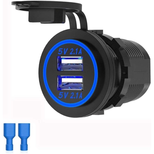 Dual USB Charger Socket, 12V 4.2A Car Charger Power Outlet with Blue LED Display, Waterproof USB Car Socket Dual Charging Ports for Most 12-24V Car R