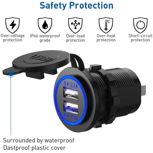 Dual USB Charger Socket, 12V 4.2A Car Charger Power Outlet with Blue LED Display, Waterproof USB Car Socket Dual Charging Ports for Most 12-24V Car
