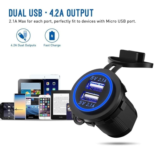 Dual USB Charger Socket, 12V 4.2A Car Charger Power Outlet with Blue LED Display, Waterproof USB Car Socket Dual Charging Ports for Most 12-24V Car