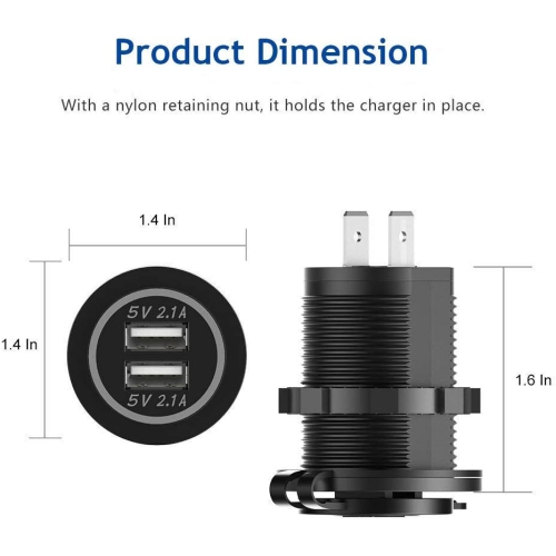 Dual USB Charger Socket, 12V 4.2A Car Charger Power Outlet with Blue LED Display, Waterproof USB Car Socket Dual Charging Ports for Most 12-24V Car