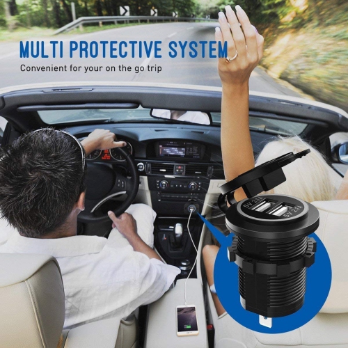 Dual USB Charger Socket, 12V 4.2A Car Charger Power Outlet with Blue LED Display, Waterproof USB Car Socket Dual Charging Ports for Most 12-24V Car