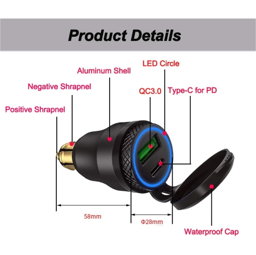 Chargeur Power Delivery DIN HELLA Powerlet en aluminium 30 W vers type C et adaptateur DIN USB 3.0 Quick charge pour moto étanche pour prise DIN de