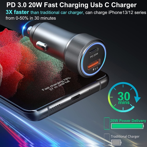 USB C Fast Car Charger, 2 Pack 36W PD 3.0 Fast Charge Dual Port USB Type C and QC 3.0 Cargador Lighter Adapter Compatible for Samsung Galaxy