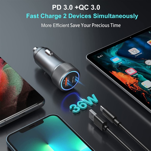 USB C Fast Car Charger, 2 Pack 36W PD 3.0 Fast Charge Dual Port USB Type C and QC 3.0 Cargador Lighter Adapter Compatible for Samsung Galaxy