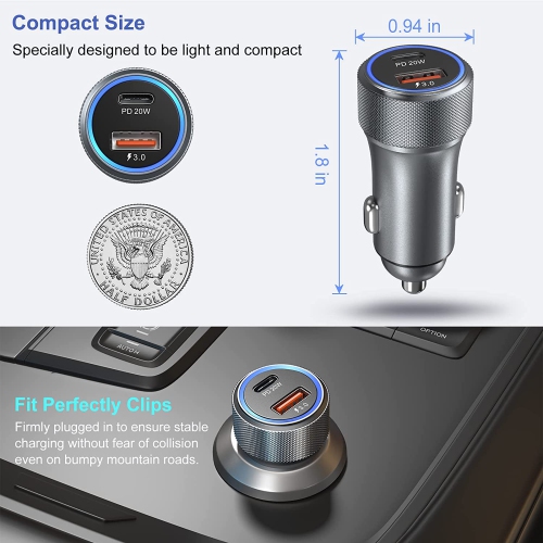 USB C Fast Car Charger, 2 Pack 36W PD 3.0 Fast Charge Dual Port USB Type C and QC 3.0 Cargador Lighter Adapter Compatible for Samsung Galaxy