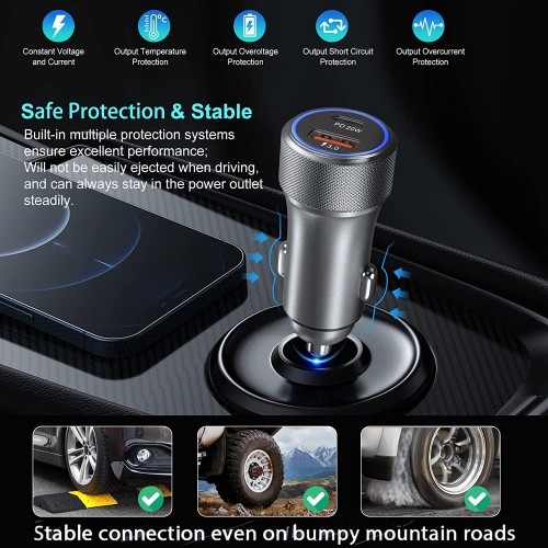 USB C Fast Car Charger, 2 Pack 36W PD 3.0 Fast Charge Dual Port USB Type C and QC 3.0 Cargador Lighter Adapter Compatible for Samsung Galaxy