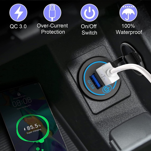 Quick Charge 3.0 Dual USB Charger Socket, Waterproof 12V-24V USB Outlet QC3.0 Dual USB Power Socket with Touch Switch DIY Car Port Outlet for Car