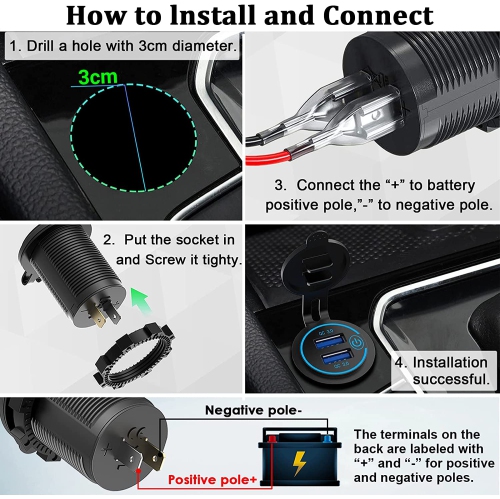 Quick Charge 3.0 Dual USB Charger Socket, Waterproof 12V-24V USB Outlet QC3.0 Dual USB Power Socket with Touch Switch DIY Car Port Outlet for Car