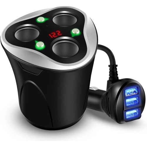 3 Socket Cigarette Lighter Splitter Power Adapter + 3 USB Car Charger 120W 12V/24V DC Outlet with Volt Meter, On/Off Switch for Cell Phone GPS Dash