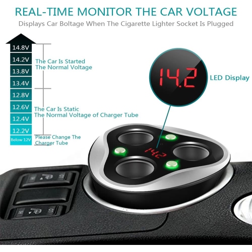 3 Socket Cigarette Lighter Splitter Power Adapter + 3 USB Car Charger 120W 12V/24V DC Outlet with Volt Meter, On/Off Switch for Cell Phone GPS Dash