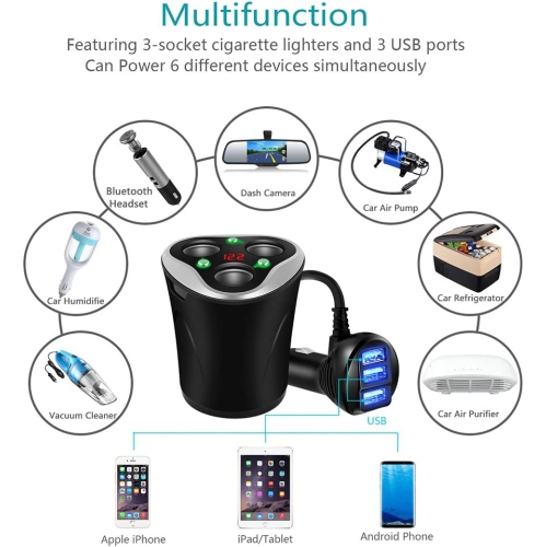 3 Socket Cigarette Lighter Splitter Power Adapter + 3 USB Car Charger 120W 12V/24V DC Outlet with Volt Meter, On/Off Switch for Cell Phone GPS Dash