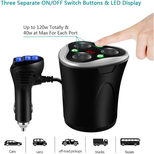 3 Socket Cigarette Lighter Splitter Power Adapter + 3 USB Car Charger 120W 12V/24V DC Outlet with Volt Meter, On/Off Switch for Cell Phone GPS Dash