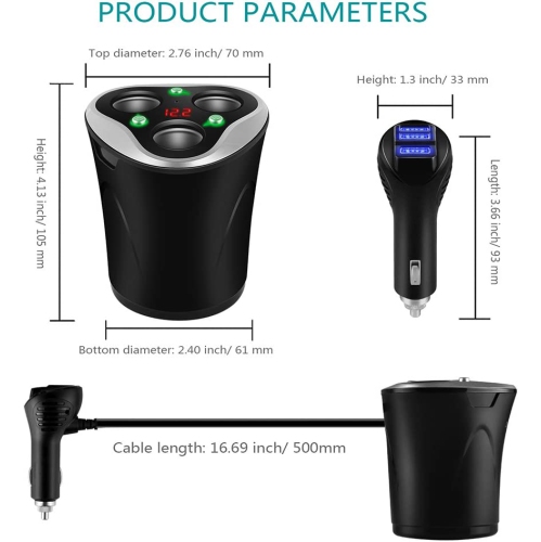 3 Socket Cigarette Lighter Splitter Power Adapter + 3 USB Car Charger 120W 12V/24V DC Outlet with Volt Meter, On/Off Switch for Cell Phone GPS Dash