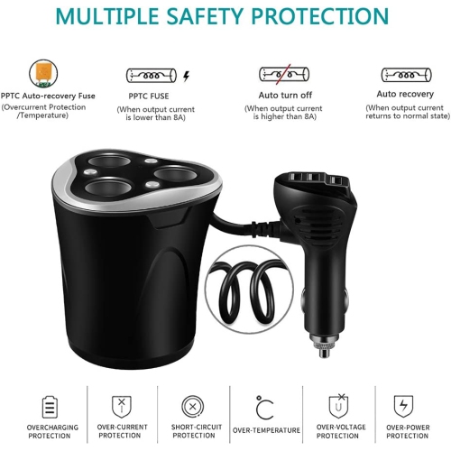 3 Socket Cigarette Lighter Splitter Power Adapter + 3 USB Car Charger 120W 12V/24V DC Outlet with Volt Meter, On/Off Switch for Cell Phone GPS Dash