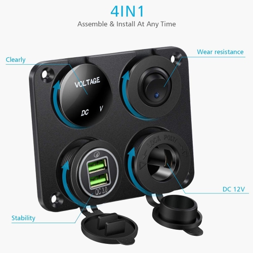12V Marine Car Charger Socket Panel, 4 in 1 Waterproof Boat Cell Phone Rocker Switch Panel with 12 Volt Dual USB Power Outlet Cigarette Lighter